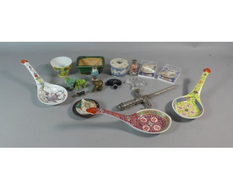 A Box Containing Various Oriental Ceramics and Curios, Mother of Pearl Shells, Dagger Letter Opener, Ceramic and Cold Painted