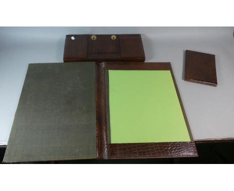 A Faux Crocodile Desk Set to Include Pen Stand, Blotter and Notebook 