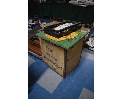 A Vintage Kenyan Tea Box, Painted Firescreen and Collection of Sundries 