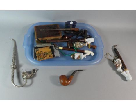 A Collection of Various Vintage Pipes and Cigarette Boxes to Include Novelty White Metal Elephant Example, Three Continental 