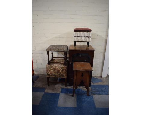 A Collection of Furniture to Include Two Tapestry Upholstered Stools, Vintage Sewing Box, Mahogany Cabinet and Oak Jardiniere