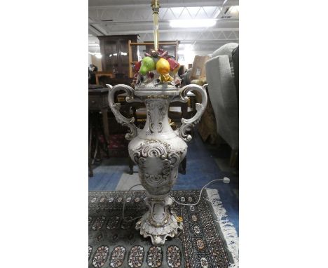 A Large Italian Ceramic Lamp in the Form of a Two Handled Vase with Flowers and Fruit, 114cm High 