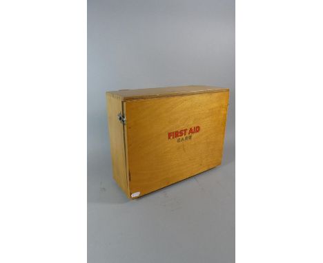 A Vintage Plywood First Aid Case with Contents, 36cm Wide 