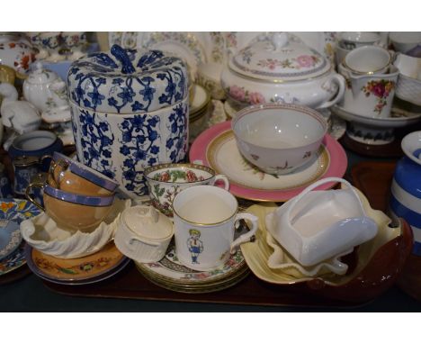 A Tray of Ceramics to Include Coalport Indian Tree, Oriental Teacups and Saucers, Blue and White Storage Jar, Carltonware etc
