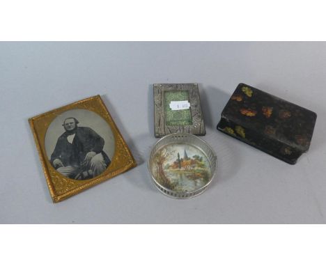 A Collection of Curios to Include Daguerreotype Photograph, Lacquered Snuff Box, Miniature Pierced Coaster and Oriental Photo