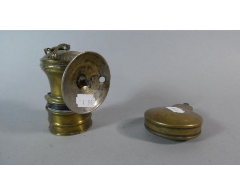 A Late 19th Century Brass "Daylight" Carbide Lamp Together with a Miners Brass Pocket Watch Case 