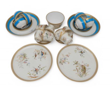A Minton part teaset with turquoise band flanked by a gilt band of leaves, comprising 6 cups, 5 saucers and two cake plates, 