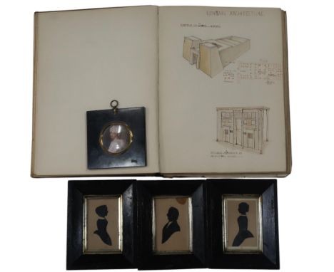 A VARIOUS LOT &nbsp;To include a folio with anatomical, architectural, designs and fashion watercolours, three silhouette por