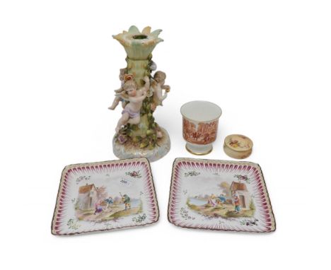 A pair of&nbsp;Veuve Perrin style plates, of square form, decorated with dancing couples, a Royal Worcester blush ivory pot a