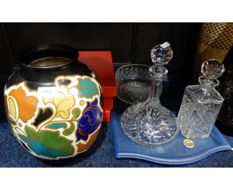 A Gouda Arnhem vase, boxed Spode plates, and assorted crystal Condition Report:No condition report available.
