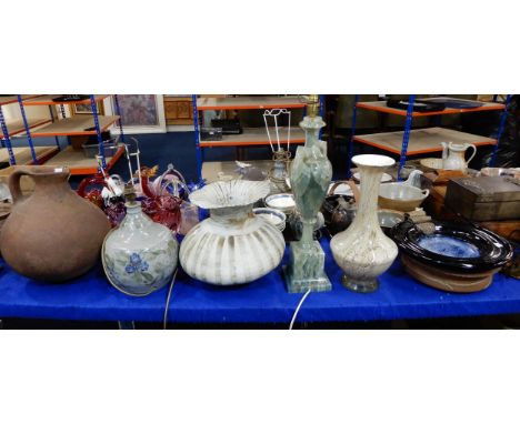 A terracotta jug, a Drymen pottery lamp, a onyx lamp, glass vase and other items Condition Report:Available upon request