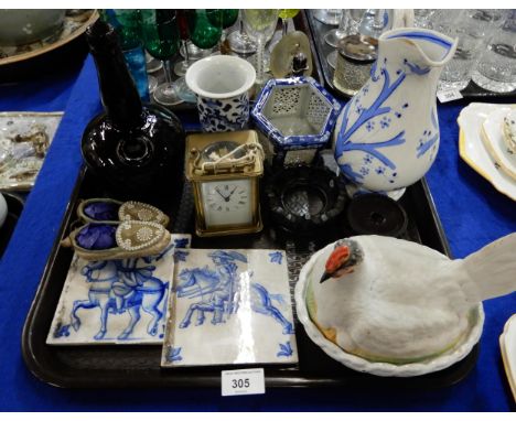 An Alloa glass wine bottle, a brass and glass carriage clock, a hen egg nest, a Chinese blue and white vase and other items C