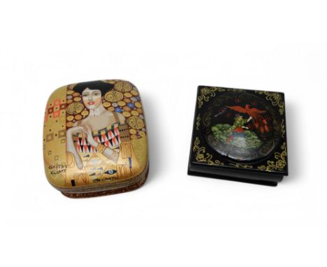 A Russian lacquer box with Klimt style decoration and another box with figure and bird Condition Report:Available upon reques