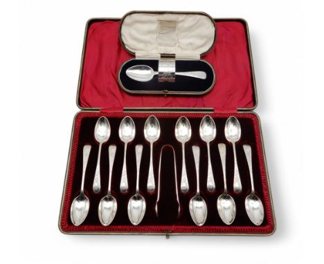 A cased set of silver teaspoons and sugar tongs, by John Round, Sheffield 1905, and a cased christening set, by Lee &amp; Wig