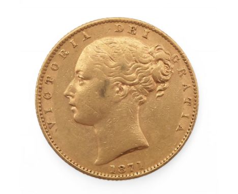 Victoria&nbsp;(1837-1901)&nbsp;Sovereign 1871 Shield Back Sydney Obverse Young uncrowned portrait of Queen Victoria left, leg