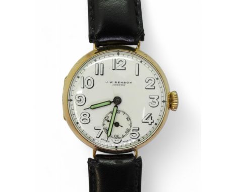 A 9ct gold gents Benson vintage watch (winder loose) with a black size 16 leather strap, weight including strap and the mecha