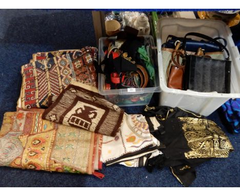 An Indian rug, a metallic thread wall hanging and other textiles, bags, belts etc Condition Report:No condition report availa