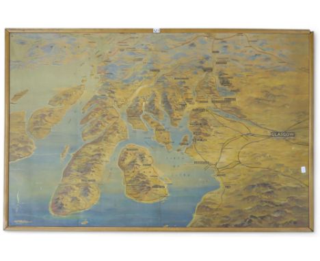 A large mid-20th century railway map of Glasgow and its environs, on a pine backing, framed, measuring approx. 123cm x 81cm e