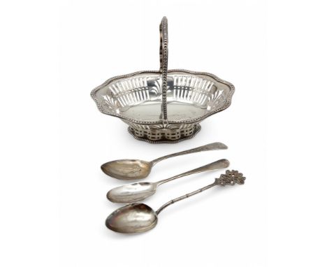 A swing-handled silver sugar basket, by Martin Hall &amp; Co, Sheffield 1900, with an openwork gallery, two silver spoons, on