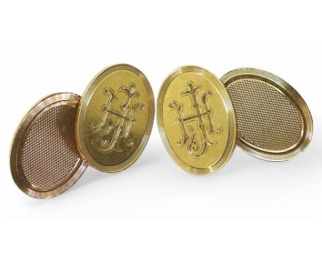 A pair of 9ct gold heavy gauge cufflinks engraved with a monogram and engine turned decoration, weight 11.9gms Condition Repo