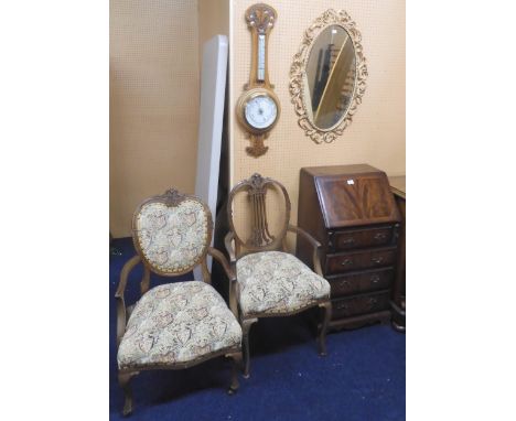 A mixed lot to include an oak aneroid barometer/thermometer, oval gilt framed wall mirror, mahogany writing bureau and two as