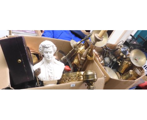 A large mixed lot of two boxes of assorted metal wares, contemporary lighting, leather bound valise, painted wooden bust etc 