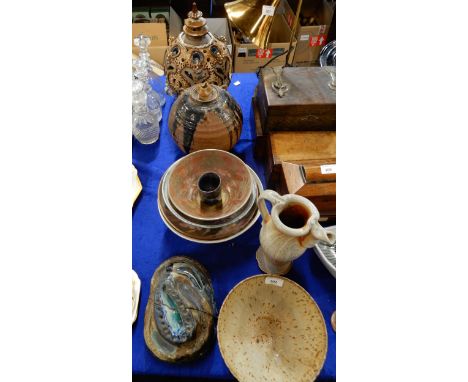 A collection of studio pottery including Ruthanne Tudball jug, Shirley Bracewell Drymen pottery&nbsp; bowls, lidded pot and c