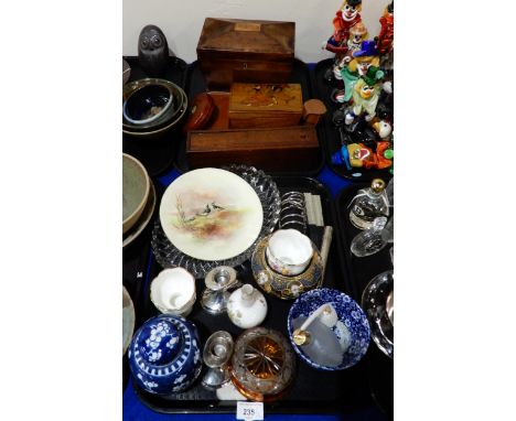 A Royal Doulton plate decorated with Lapwings, a bone and ebony domino set, mahogany tea caddy, other ceramics and glass etc 