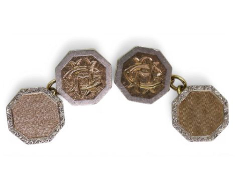 A pair of octagonal 9ct gold and platinum cufflinks, with monogramed and engine turned decoration, weight 8gms Condition Repo