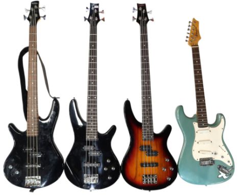 A mixed lot to include an Ibanez Sound Gear GIO GSR200L left-handed bass guitar, a Westfield Pro Series electric guitar, and 