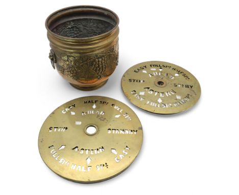 A mixed lot, comprising two brass maritime ship's engine order telegraph plates, an embossed brass jardiniere, galleried serv