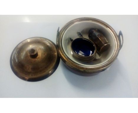 Silver plated and treen container with ceramic inner with a pair of silver sugar tongs, open salts and pepper pot