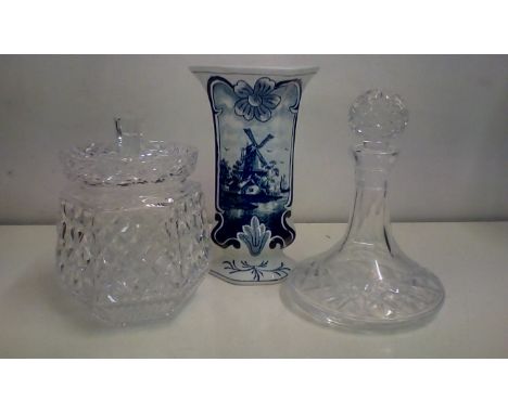 Waterford Crystal ships's decanter together with a crystal lidded biscuit barrel and Delft vase, height of vase 22cm 