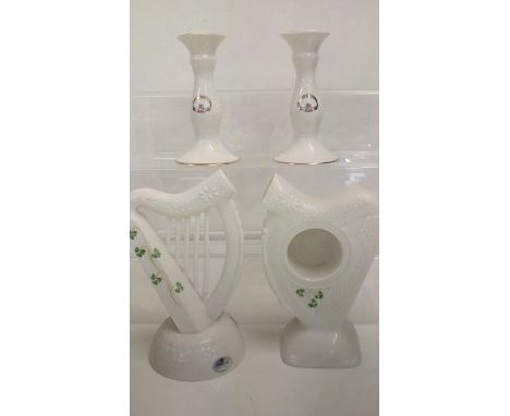 Four items of Irish Donegal China, to include pair of candlesticks, clock case and harp, height of harp 23cm 