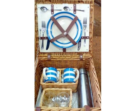 Wicker picnic hamper for two with T.G Green Cornish ware 