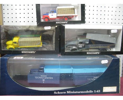 Four Boxed 1:43rd Scale Diecast Model Commercial Vehicles by Minichamps, Schuco, including Schuco #3042 Bussing 8000 'Kuhne a