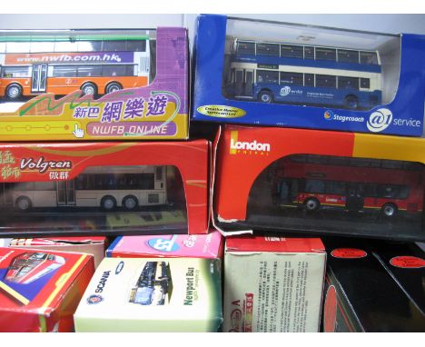 Thirteen Diecast 1:76th Scale Model Buses, by EFE, Creative Master, Cars Workshop, including Creative Master #1031 Alexander 