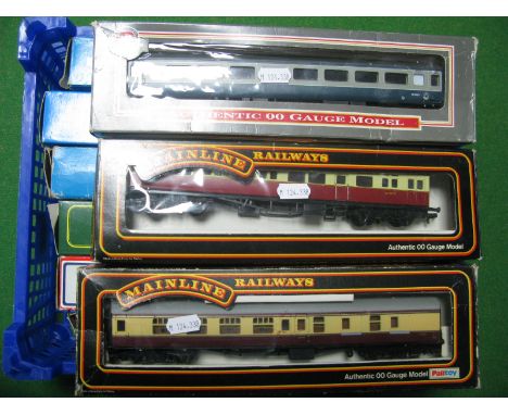 Nine Boxed "OO" Gauge Rolling Stock Eight Wheeled Coaches, by Airfix, Lima, Mainline, Replica Railway, Hornby, assorted liver