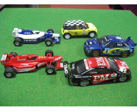 Five Scalextric Racing and Sports Cars, including Subaru Impreza, Opal Astra V8 Coupe, Mini Cooper, playworn.