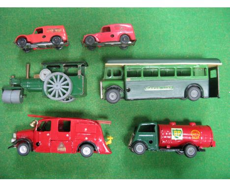 Four Post War Tinplate Minic Vehicles, including No 52M green line single decker and No 62M fire engine, all with signs of re