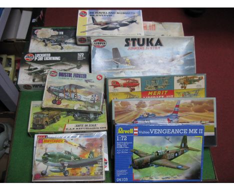 Eleven Boxed Plastic Model Military Aircraft Kits by Merit, Airfix, Fujimi Revell, Matchbox, including Merit aircraft kit Ger