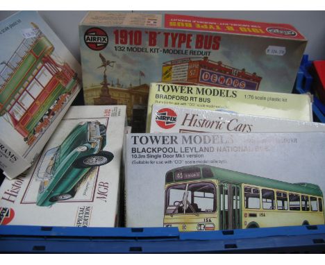 Six Boxed Plastic Model Vehicle Kits by Airfix, Tower Models, including Airfix #06443-1 1:52nd scale 1910 'B' type bus (start