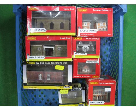 Eight 'N' Gauge Lineside Buildings by Graham Farish and Hornby, including two engine sheds, all boxed.