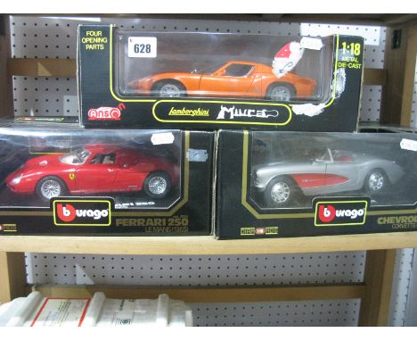 Three Boxed 1:18th Scale Diecast Model Sports Cars, Anson #30302-W Lamborghini Muira , Burago '3033 Ferrari 250 Le Mans (1965