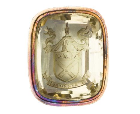 A SCOTTISH CLAN KIRKPATRICK DESK SEAL  A 19TH-CENTURY CITRINE AND GILT MOUNTED SEAL the facetted citrine handle to a gilt met