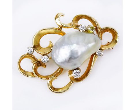 Vintage 14 Karat Yellow Gold, Large Baroque Pearl and Round Brilliant Cut Diamond Pendant/Brooch. Pearl measures 20mm x 13mm.