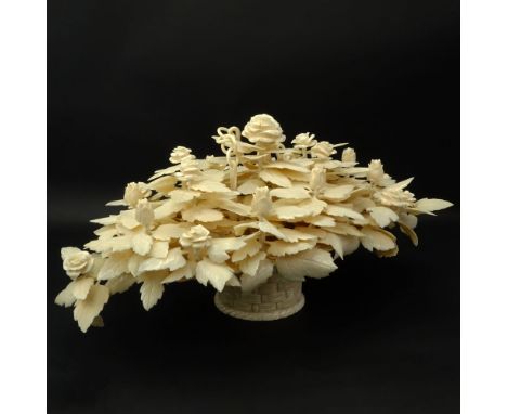 Large 20th Century Chinese Carved Bone Hanging Basket of Roses. Unsigned. Minor Loses to Leaves Otherwise Good Condition. Mea