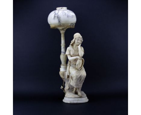 Antique Figural Alabaster Lamp. Features a gypsy with tambourine. Unsigned. Repair to torch. Measures 31-1/2" H x 10" W. Ship