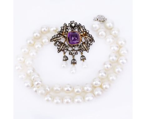 Single Strand 8mm Pearl Necklace with Detachable Antique 18 Karat Yellow Gold, Silver, Pearl and Surgarloaf Cabochon Amethyst