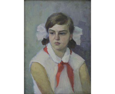 20th Century Russian Oil on Canvas "Portrait Of A Girl". Signed lower right in Cyrillic Sergie Girasimov. Good condition. Mea